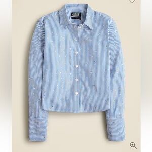 J. Crew Cropped garçon cotton poplin shirt with crystals in blue stripe Size 12